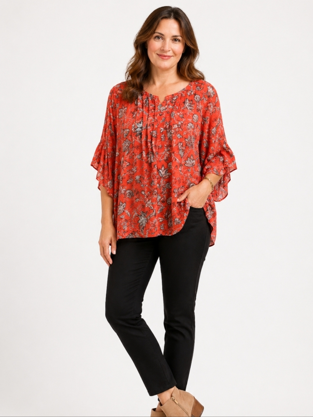Style & Co Orange Peasant Feminine Boho Chic Gypsy Ruffle Sz M